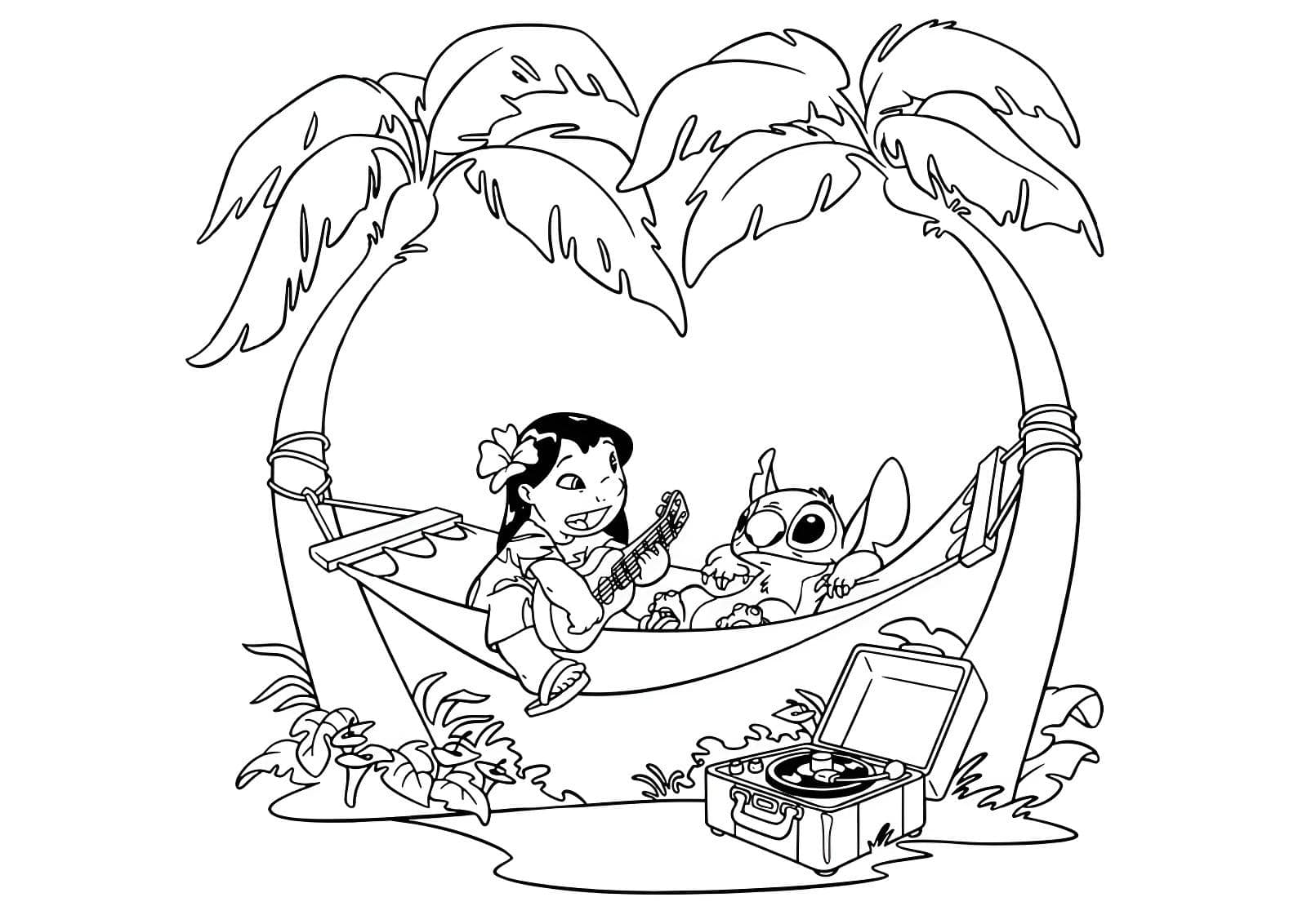 Fargeleggingsbilde: Fargeleggingsbilde Lilo og Stitch med gitar